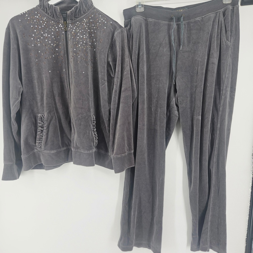 Activology Women XL Tracksuit Velour Rhinestone Gray 2pc Set Y2K Lounge Jogger